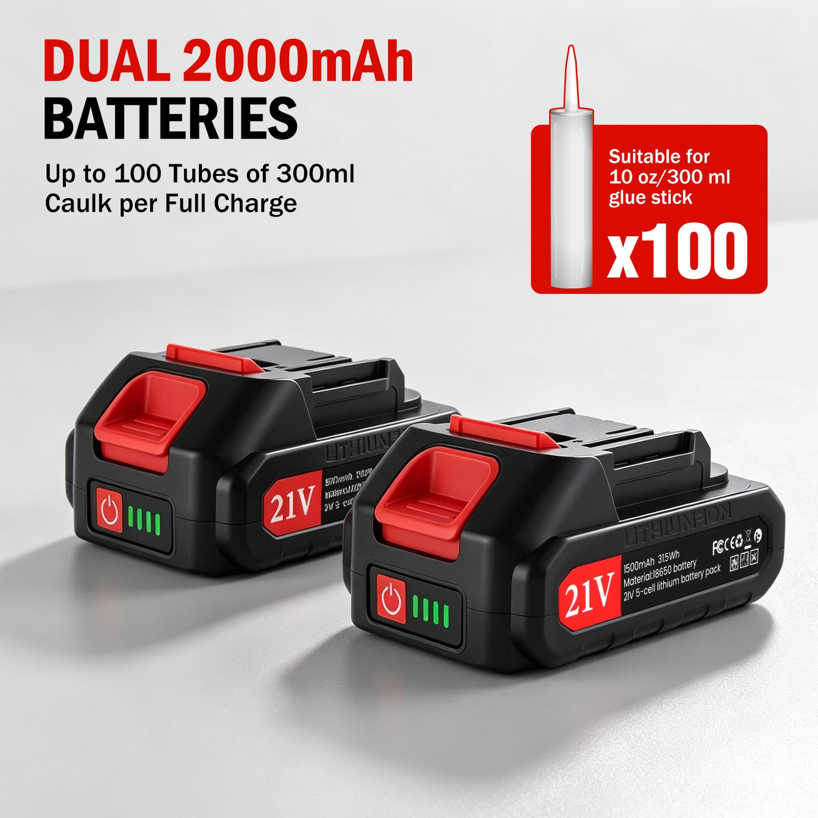 Pistola Selladora Inalámbrica 21V, 2940N y 2 Baterías | 4 velocidades ajustables, LED, sistema antigoteo automático para cartuchos rígidos estándar de 300 ml de silicona o sellador