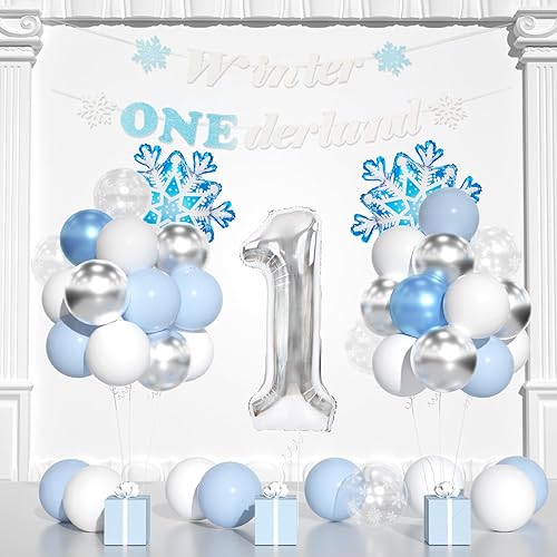 Miniatura 9 de Globos de color azul y blanco bebé y 1 globo de 40 pulgadas, decoraciones de primer cumpleaños para niño con globos de confeti azul y blanco,