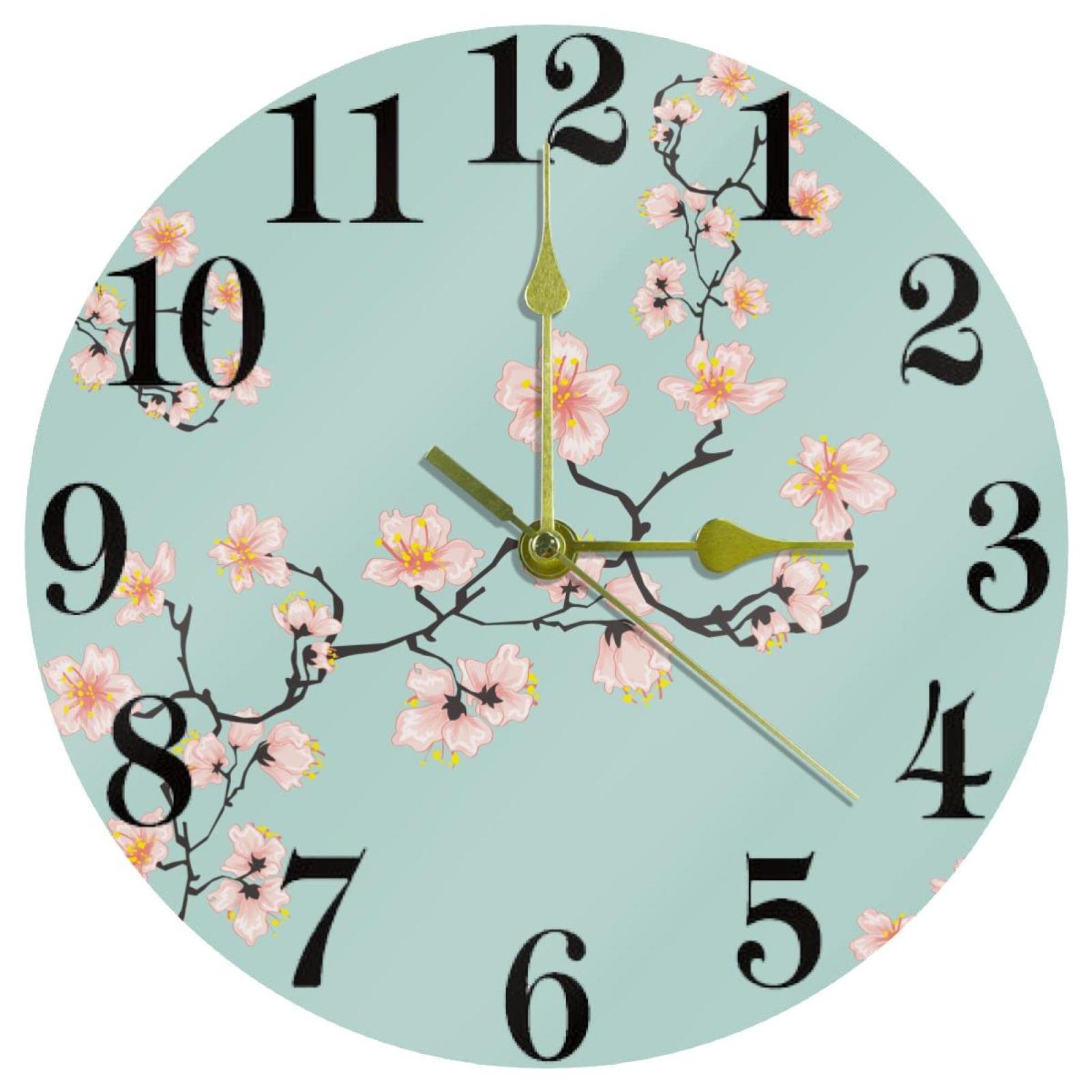 Horloge murale à quartz silencieuse de 25,4 cm motif fleurs de cerisier bleu pour cuisine et bureau