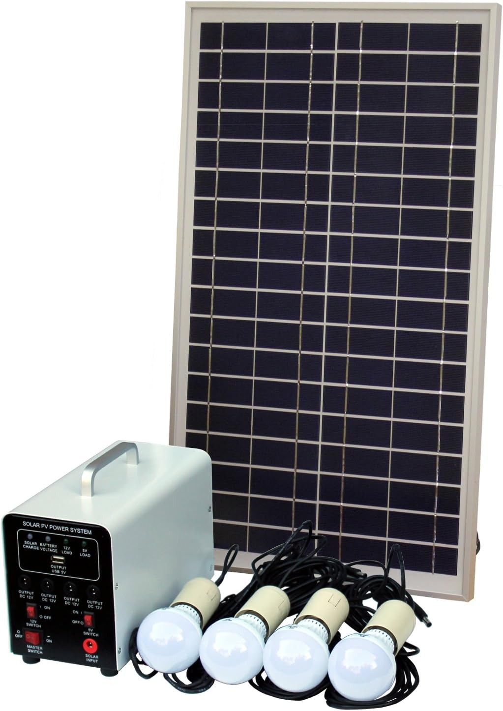 25W Off-Grid Solar Lighting System with 4 x 5W LED Lights, Solar Panel, Battery and Cables - Complete Solar Lighting Kit for a Shed, Garage, Outhouse, Stables, Barn, Vehicle or Boat