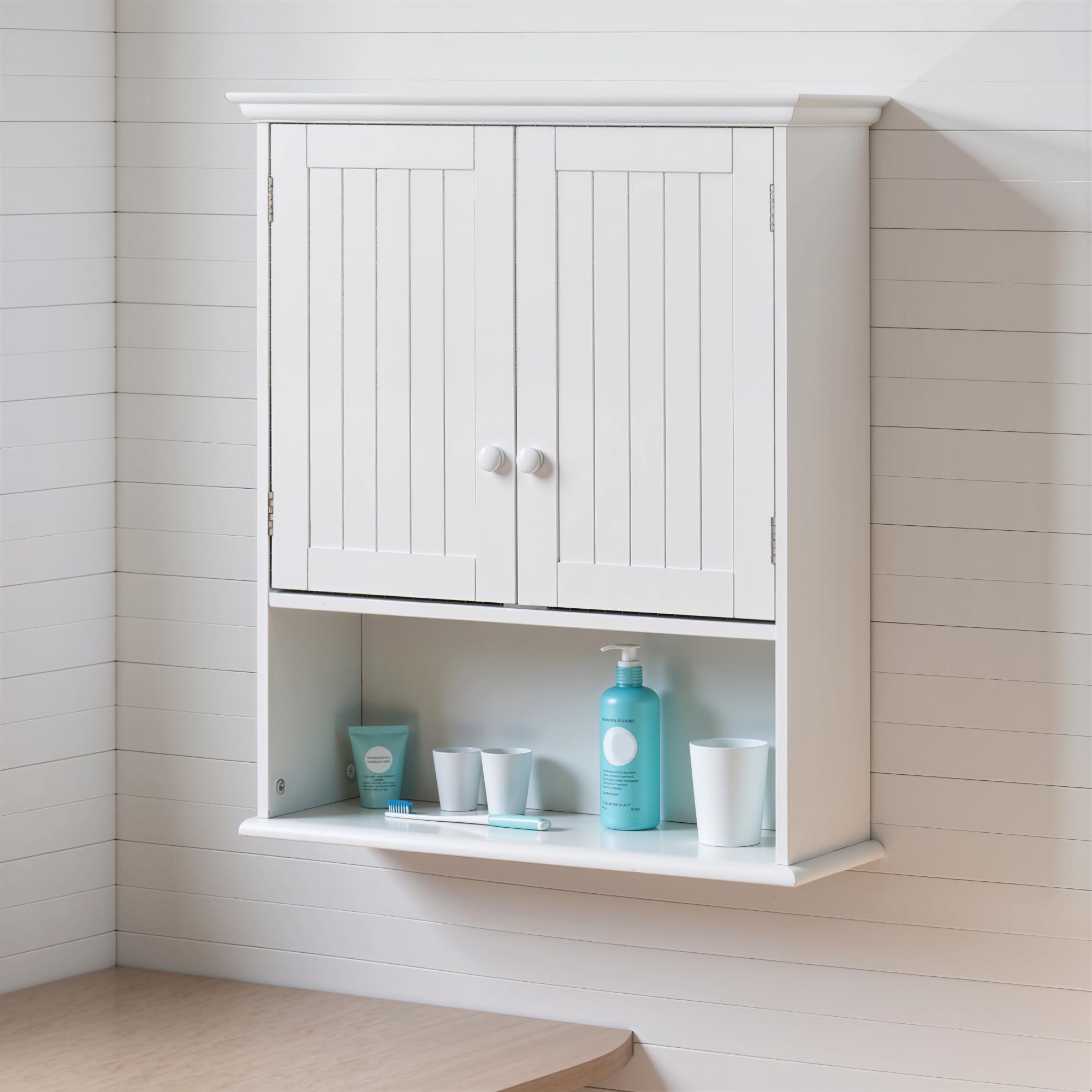 kleankin Mobile Bagno Sospeso con Armadietto a 2 Ante con Chiusura Magnetica e Ripiano Aperto, Pensile Bagno Sospeso con Ripiano Regolabile, per Cucina, Ingresso e Soggiorno, 60x20x70.5 cm, Bianco