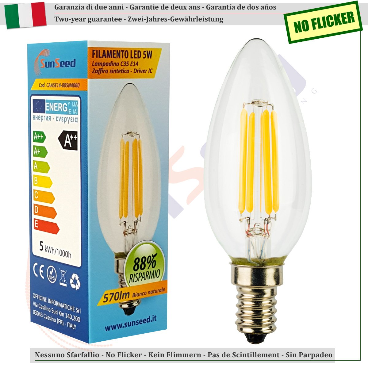 SUNSEED 4 X E14 5W (Equivalent to 48W) Sapphire Filament LED Candle Light Bulb C35 Neutral White 4000K, Pack of 04 - Image 2