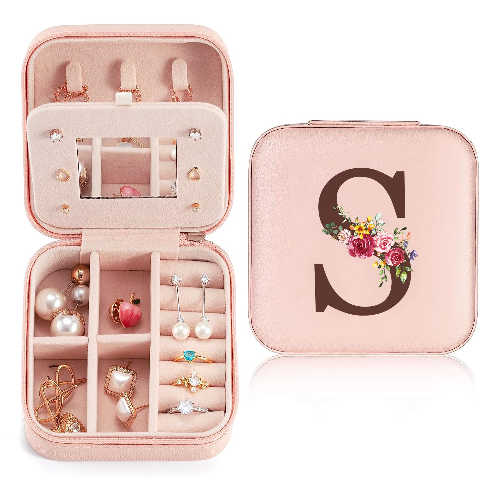 Sinekong Scatola Portagioie da Viaggio Portagioie con Iniziale S e Fiore Mini Porta Gioielli Donna Portagioielli Piccoli con Specchio Ragazza Regalo per Compleanno Anniversario Natale