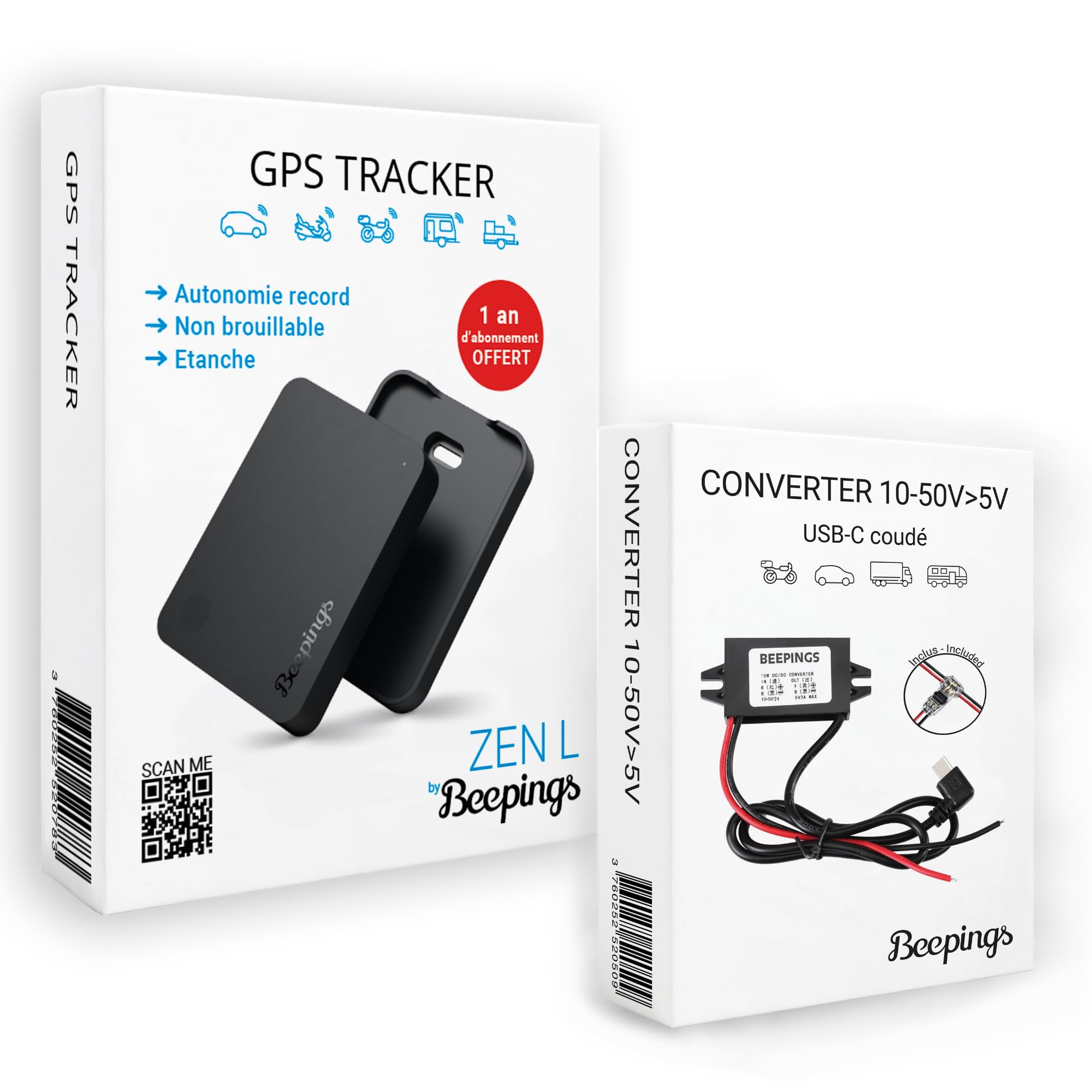 Tracker GPS ZEN L + Convertisseur - Non Brouillable - 1 An Abonnement Offert - Autonomie Illimitée - Géolocalisation Europe - Voiture Moto Scooter Camping-Car - Antivol - Étanche - Sans SIM