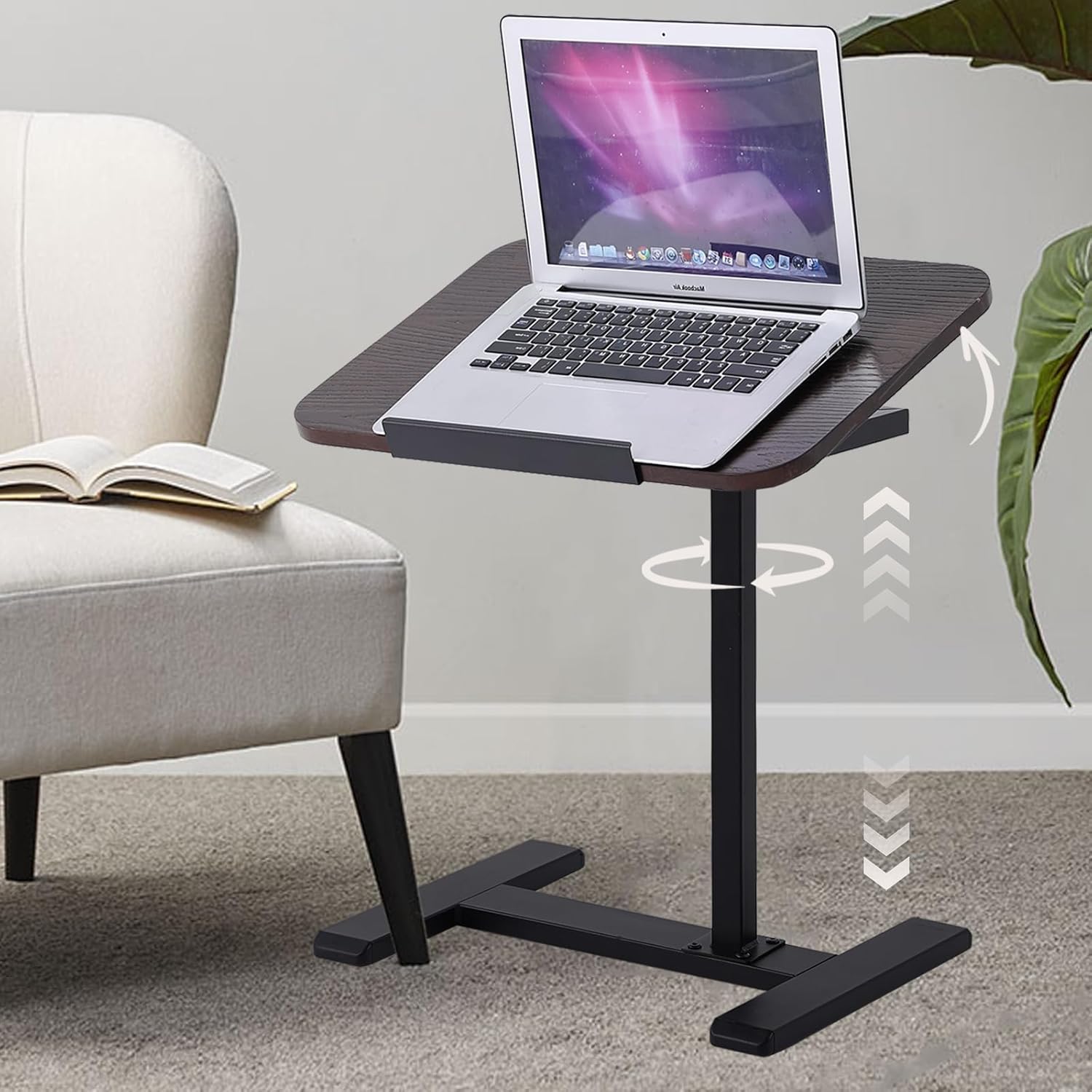 Solid Wood C-Shaped Side Table,360° Rotating TV Tray Table,Height-Adjustable,Sliding Sofa Table,Rolling Laptop Desk for Living Room and Bedroom Use with Sofa,Bed,Chair-Walnut