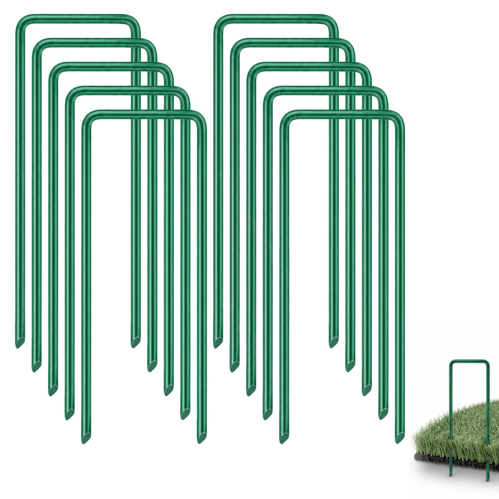 10PCS Green U-Shaped Garden Pegs, Galvanized Steel Ground Stakes, Corrosion-Resistant Metal Tent Pegs for Weed Membrane, Artificial Grass & Landscaping