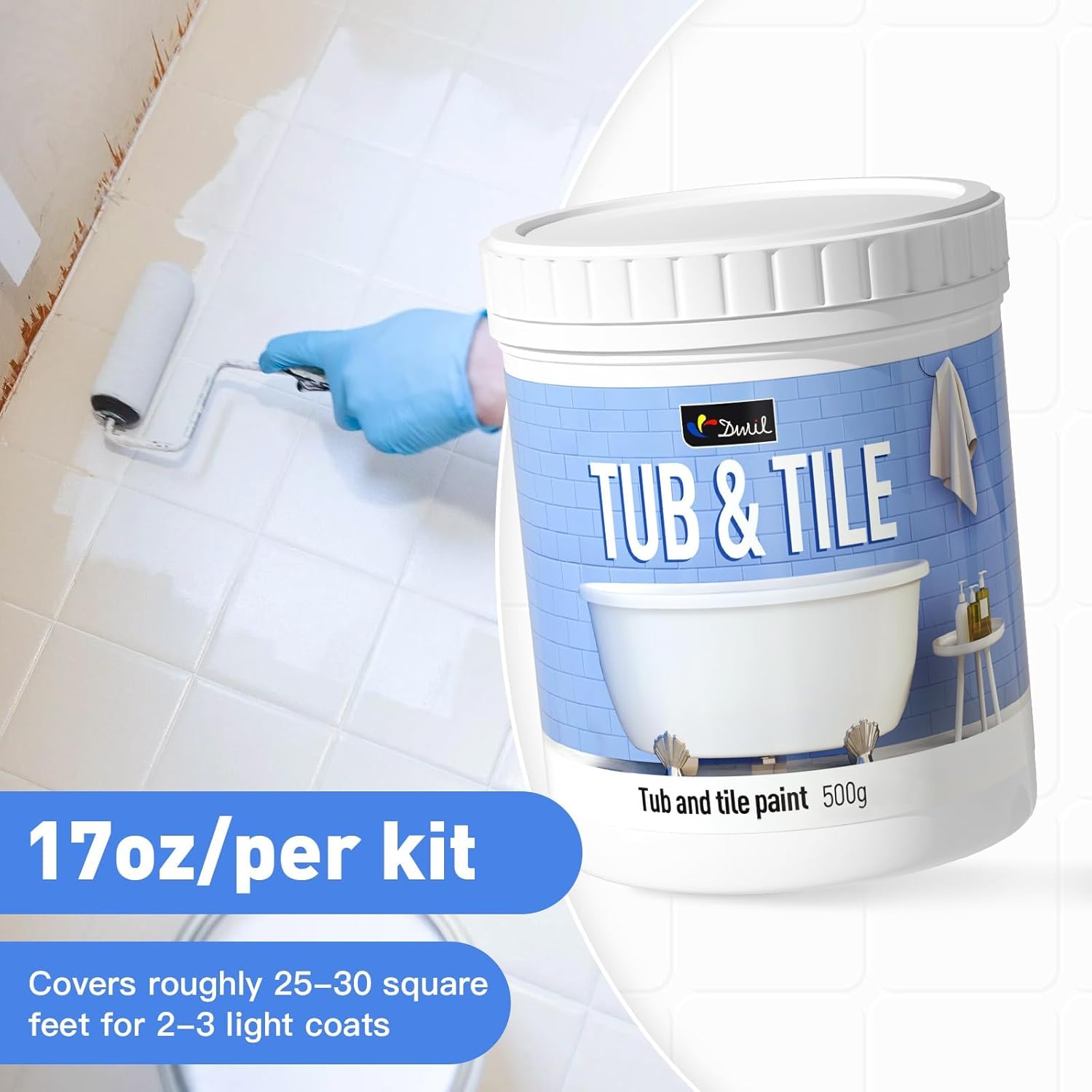 DWIL Tub and Tile Paint 16.5 oz, Tub Paint for Bathtub, Tile Refinishing with Hardener, Water Based, Low Odor, Semi-Gloss White, 25-30sq.ft - Image 7