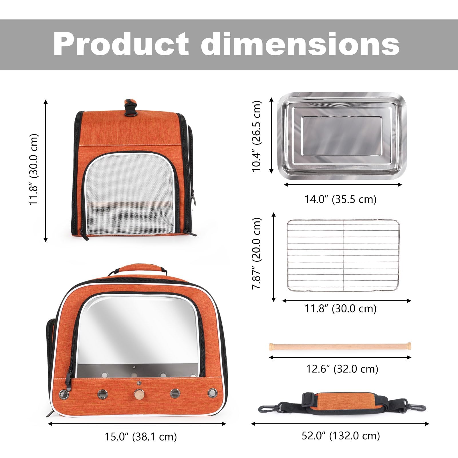 Sac de transport pour oiseaux de grande taille avec plateau en métal et grille pour oiseaux de taille moyenne et grande comme le gris africain, calopsitte à longue queue et perroquet (orange, L)