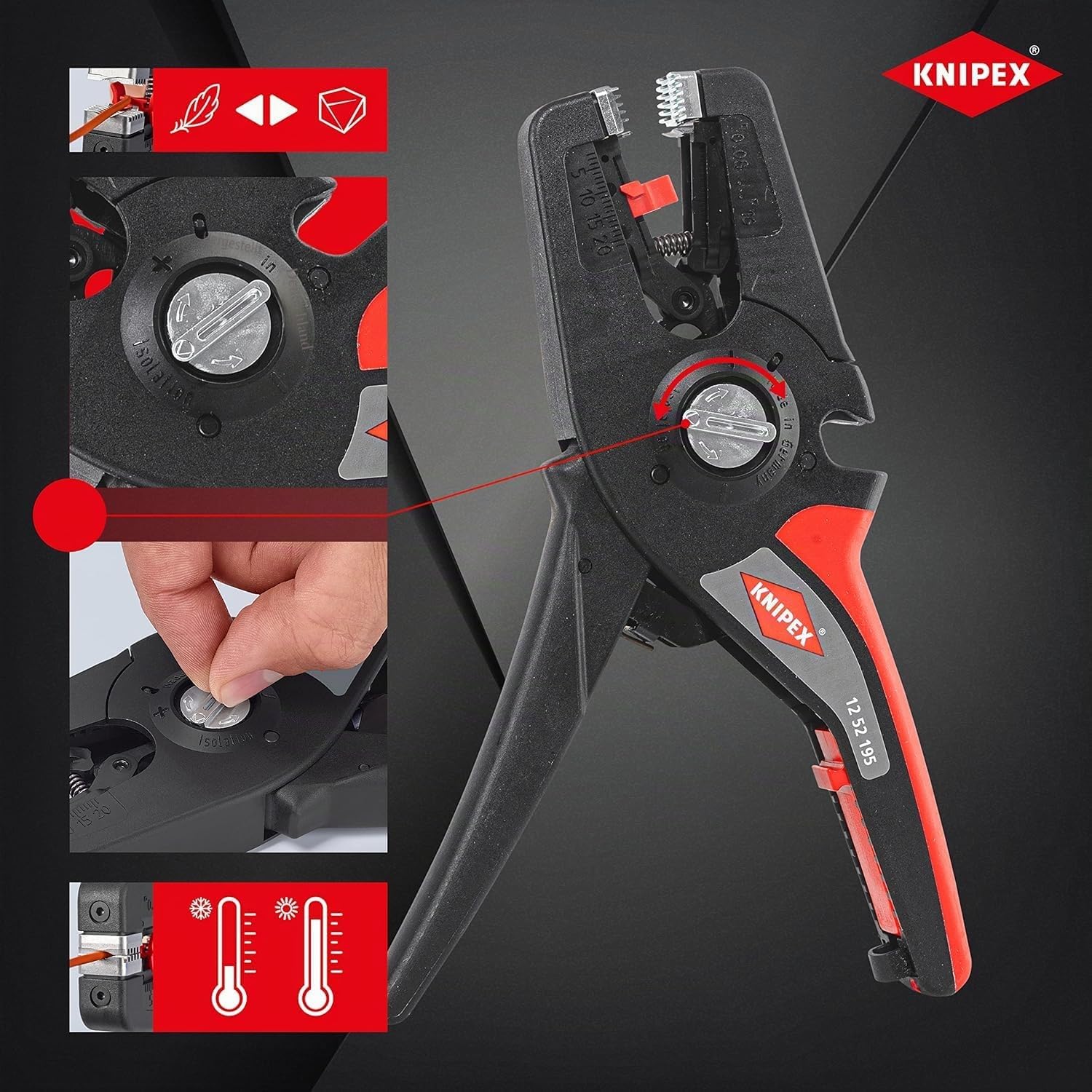 KNIPEX PreciStrip16 Automatische Abisolierzange, in Blister, 0,08-16 mm², Feinjustierung, einstellbarer Längenanschlag, 12 52 195