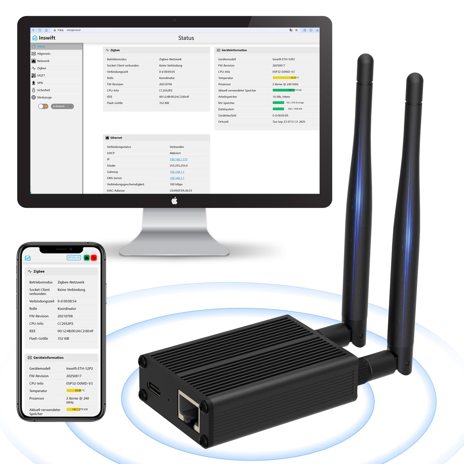 AVATTO Zigbee Dongle Plus Gateway compatible con Ethernet, Wi-Fi y USB Conexión Home Assistant | ESP32 V3 Dual-Core 240 MHz Flash 16 MB CC2652P/CC2652P7 SoC | Compatible con ZHA / Zigbee2MQTT