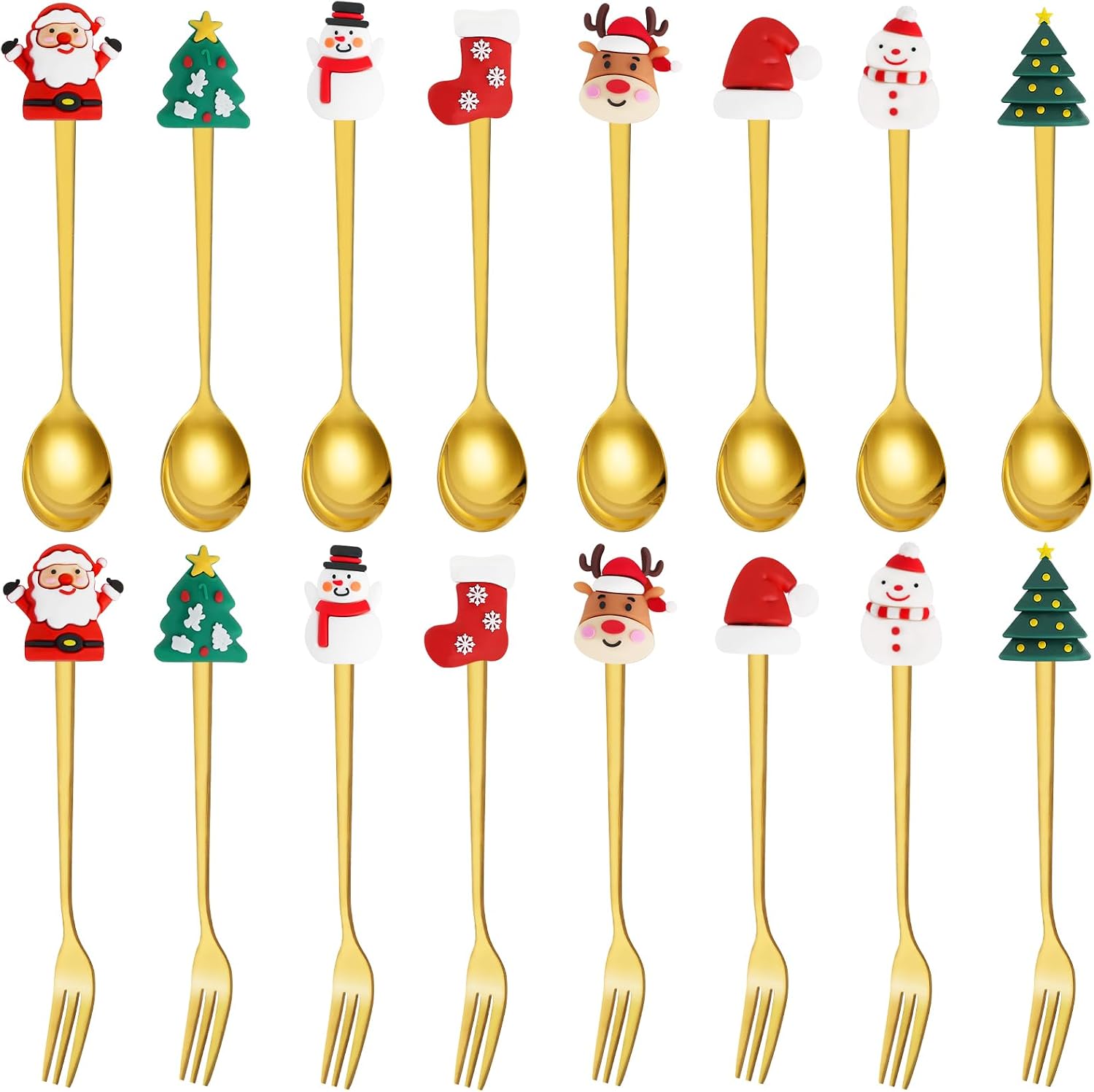 RETON 16 Pcs Stainless Steel Xmas Forks and Spoons Set, Creative Christmas Series Cake Dessert Fork, Coffee Teaspoons for Home, Wedding, Party, Restaurant (8 Forks+8 Spoons)