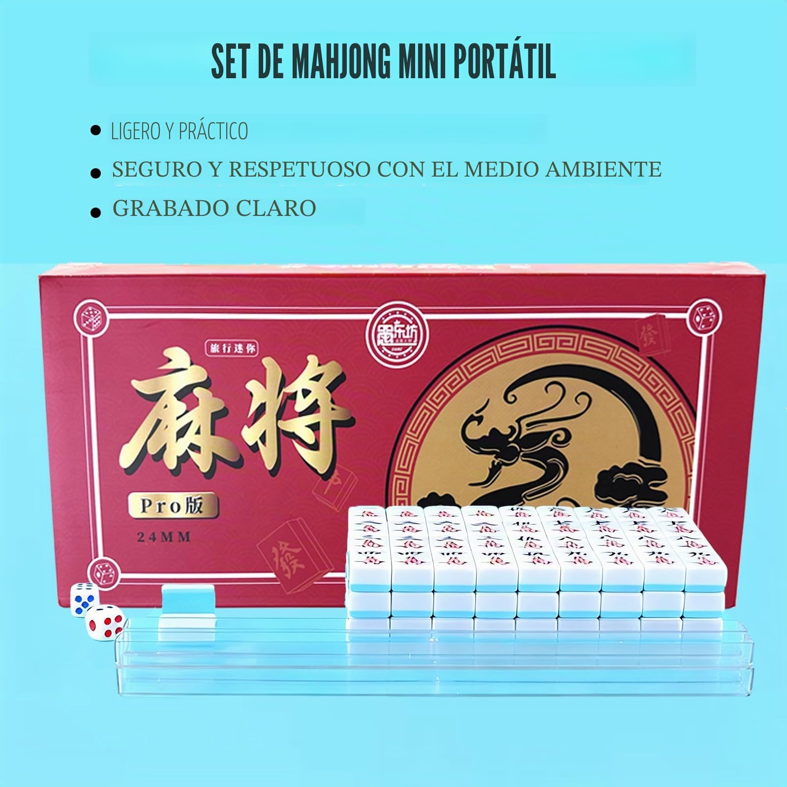 Mini Mahjong Set 24 mm – Juego de mesa de Mahjong chino portátil con 144 azulejos, incluye 2 dados, juego familiar perfecto para casa o de viaje