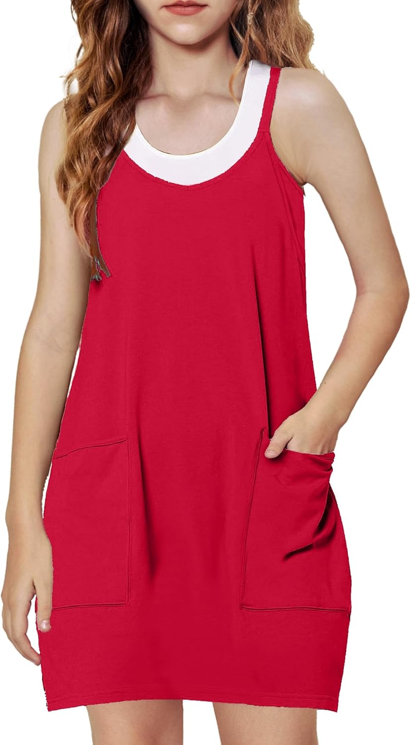 Arshiner Girls Dress with Shorts Casual Summer Spaghetti Straps One Piece Romper Dresses with Pockets for Kid 5-15 Y