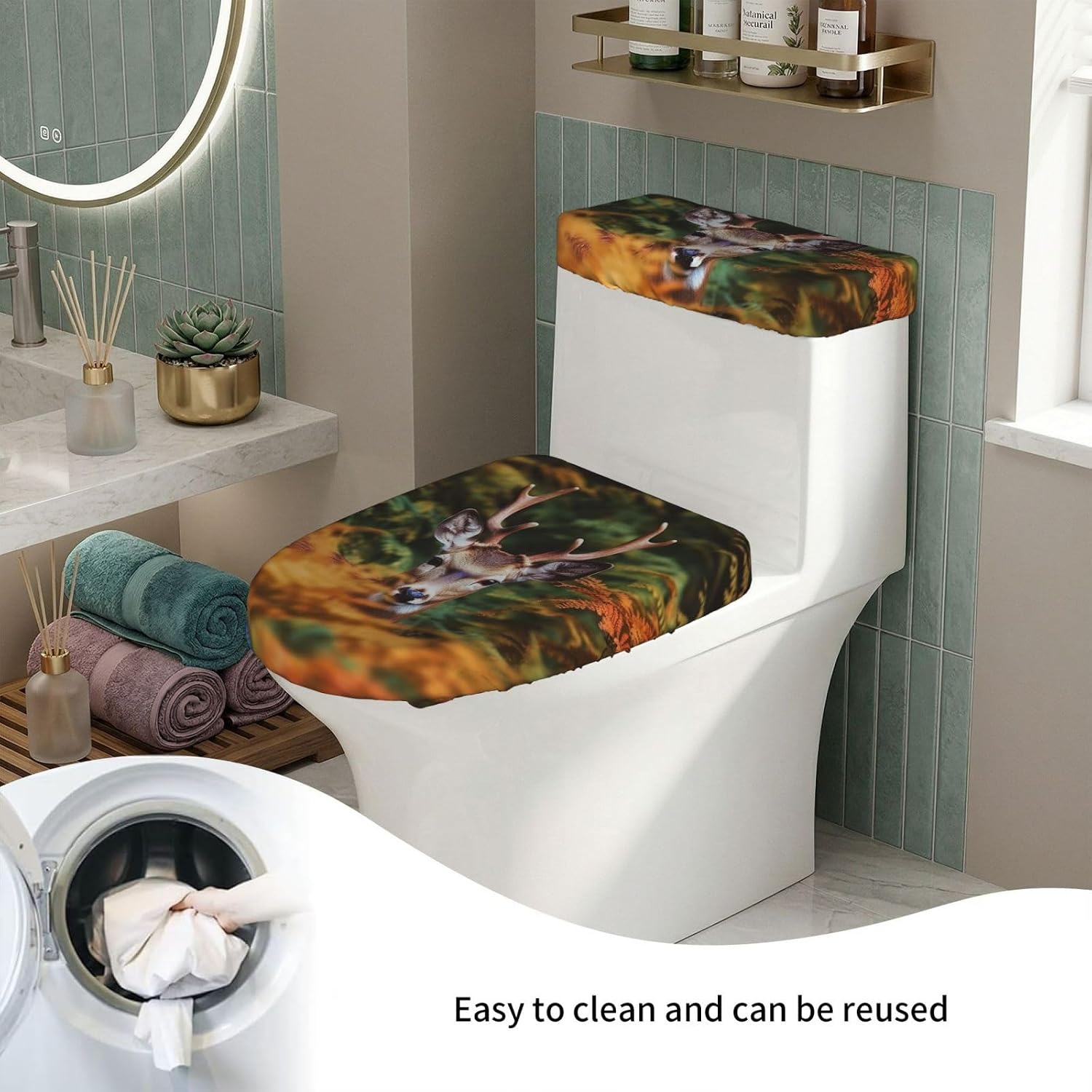 2 Pcs Toilet Lid Cover and Toilet Tank Lid Cover, Washable Toilet Cover with Elastic Bottom Replacement Soft Stretch Toilet Seat Cover Set Deer Among Thick Leaves Bathroom Decor