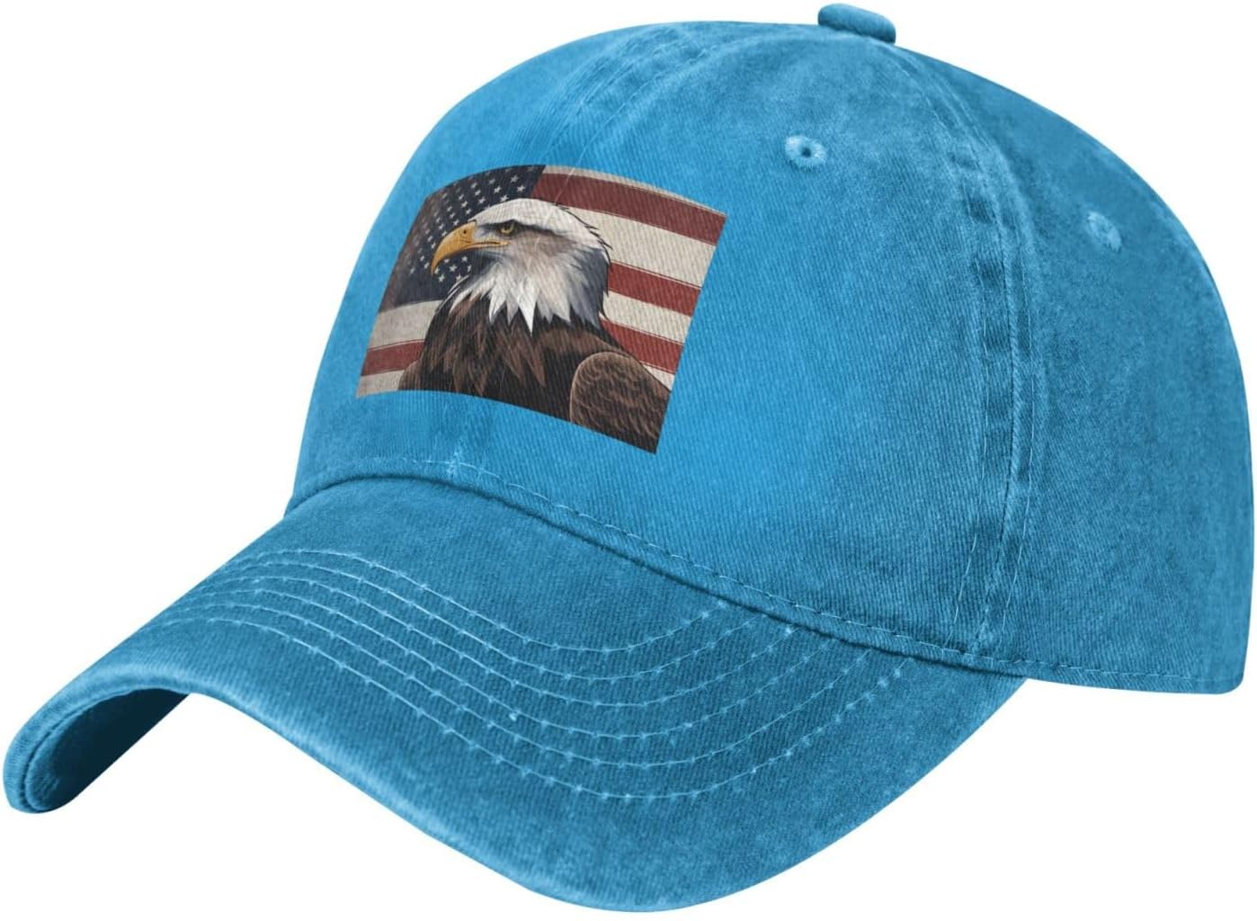 Black Washed Denim Baseball Cap Patriotic Bald Eagle with American Flag Printing Adjustable Hat for Men & Women