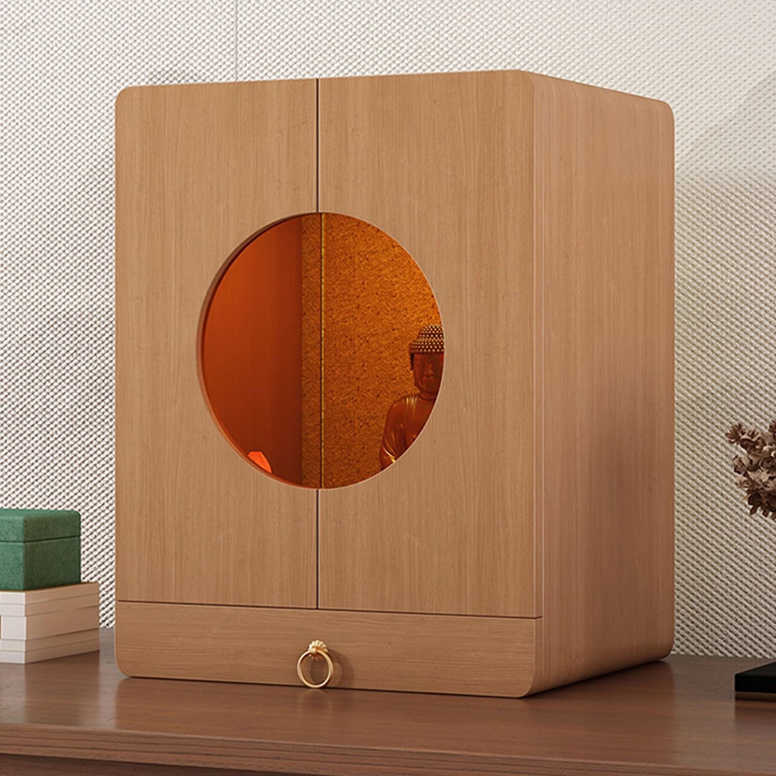 Estante de madera para prácticas espirituales con acabados premium y mesa Pooja