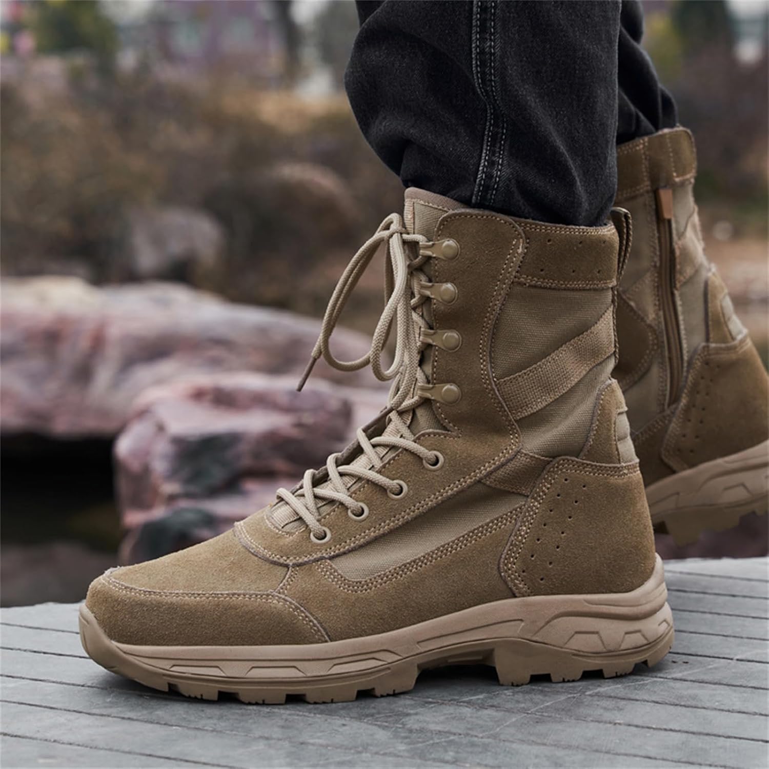 Desert Boots Mens Lightweight Hiking Outdoor Boots Side Zip Combat Camping Trekking Shoes