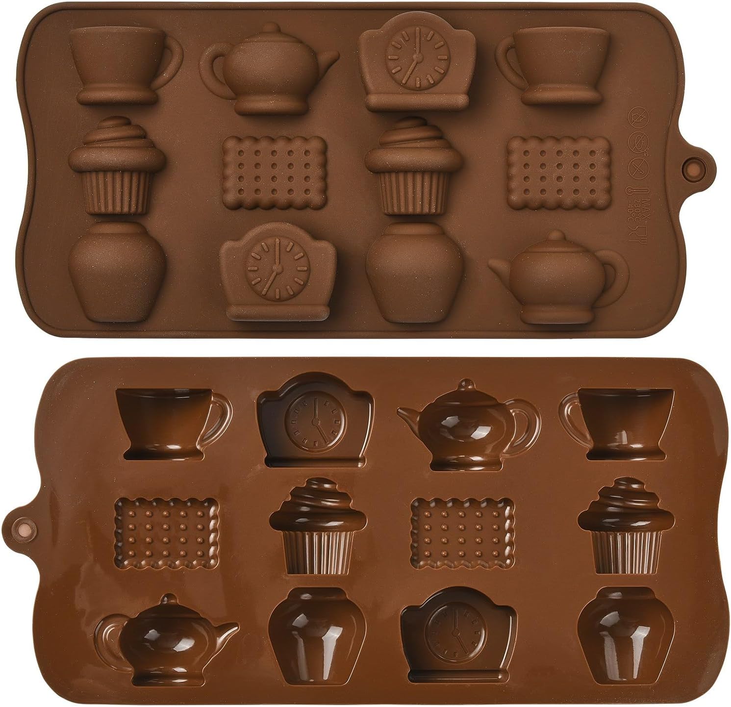 2 pcs Afternoon Tea Time Silicone Molds Brown Teapot Coffee Cup Biscuit Cupcake Molds for DIY to Make Chocolate Candy Jelly Ice Cube Muffin Cookie