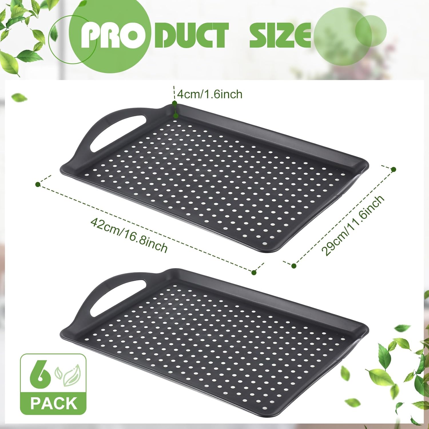 Uiifan 6 Pcs Non Slip Serving Tray with Handles 16.8 x 11.6 Inch Large Food Trays for Eating Breakfast Dinner Bed Snack Fruit Dessert Drink Beverage(Black)