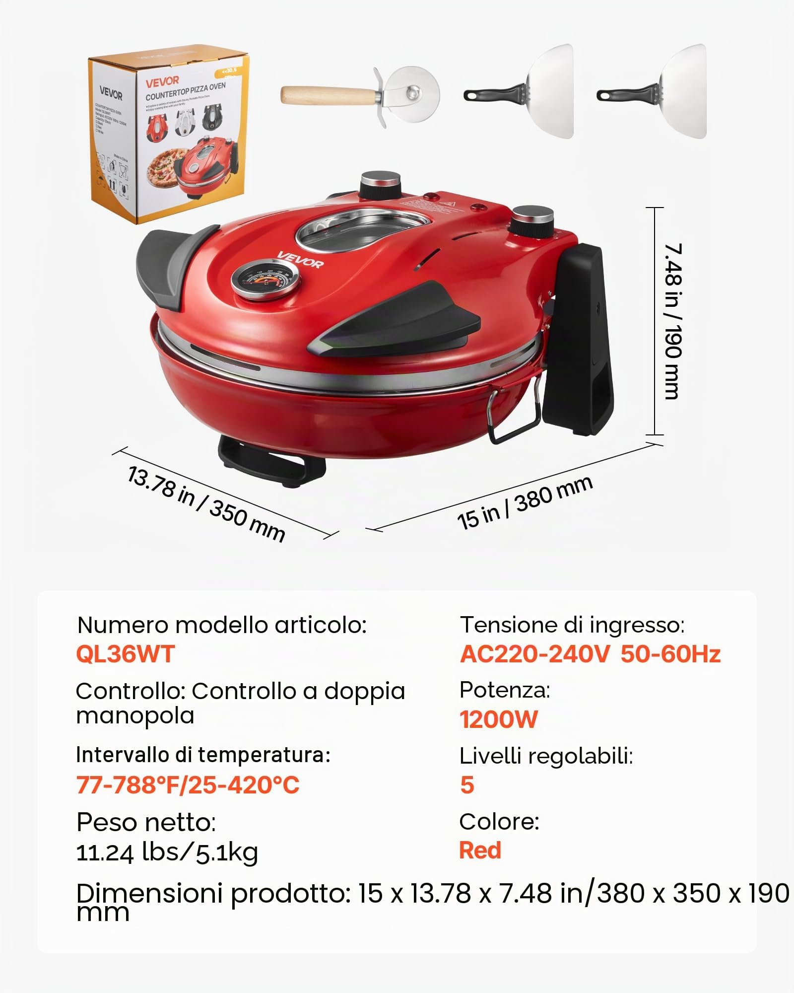 VEVOR Forno Elettrico per Pizza da 30,48 cm, Cuoci Pizza Elettrico per la Casa 1200 W con Pietra in Cordierite, Temperatura a 5 Modalità, Finestra di Visualizzazione, Riscalda Fino a 420 °C, Rosso