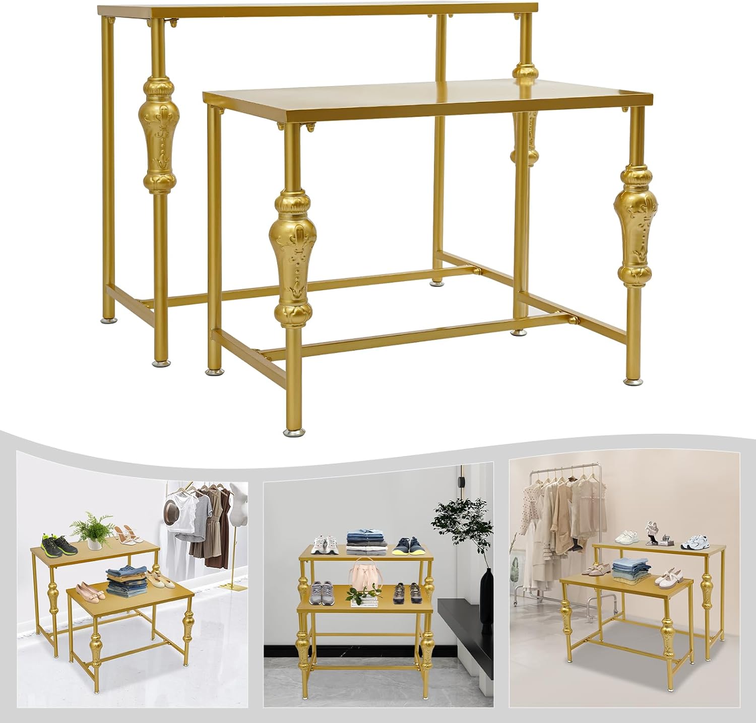 TFCFL Set of 2 Industrial Retail Display Tables, Shoe Handbag Display Stand Standing Nesting Tables Set Retro Boutique Unit Storage Shelves, for Home Boutique Retail Store (Gold)