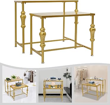 Industrial Display Tables,Set of 2 Standing Display Table, Height Adjustable Metal Nesting Tables Display Stand, Retro Style Boutique Display Shelves for Retail Store, Clothing Store, Gold
