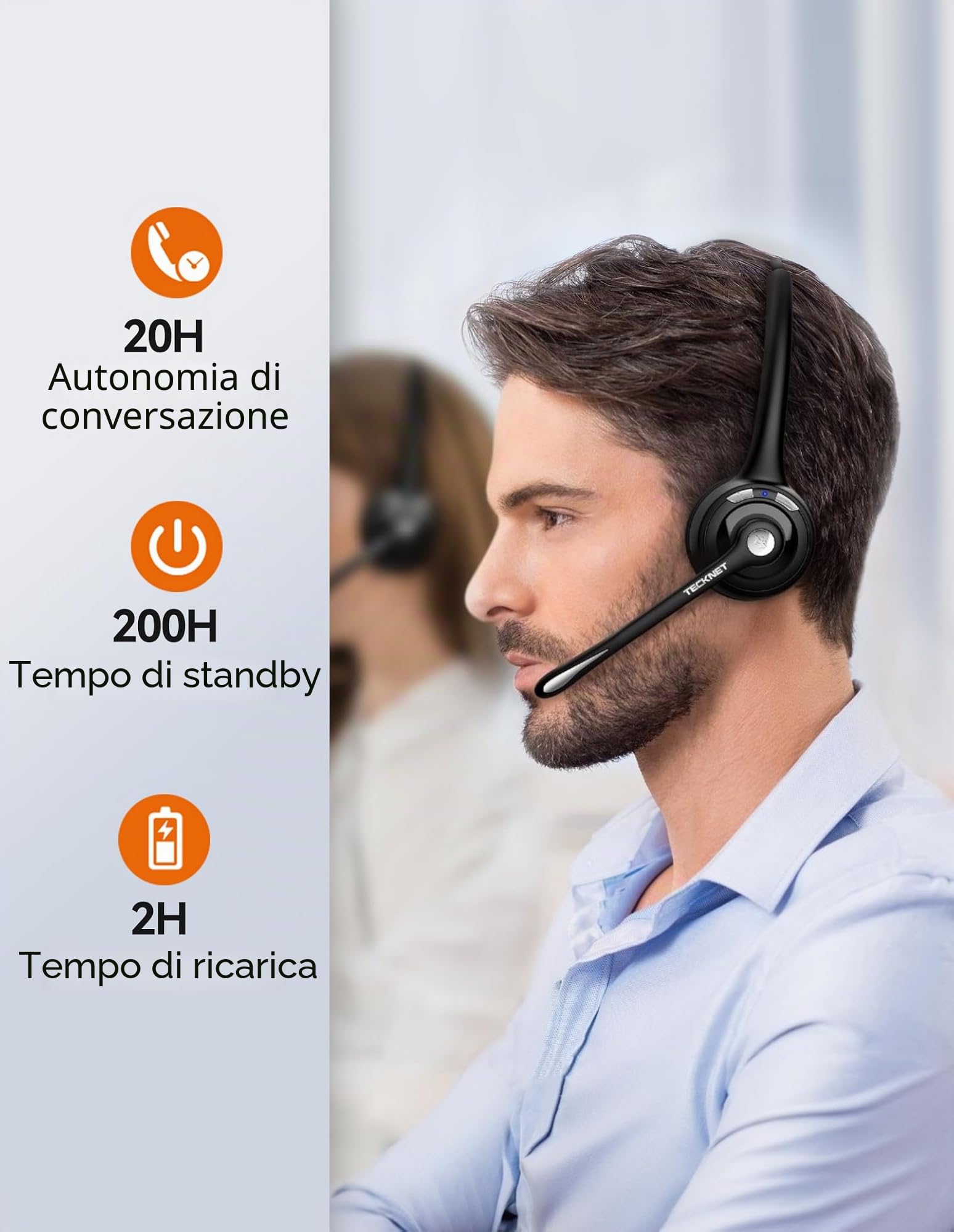 TECKNET Auricolare Bluetooth & Dongle USB, cuffie wireless ad orecchio con microfono a cancellazione di rumore, auricolare senza fili a mano libera per cellulare, PC, casa, ufficio, call center