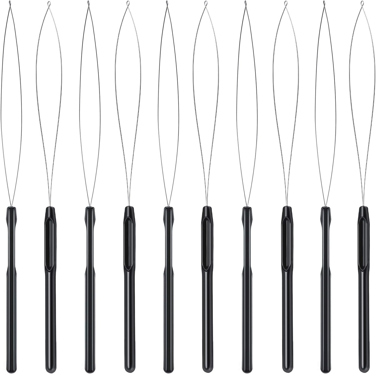 10 Pieces Hair Extension Loop Needle Threader Pulling Hook Tool and Bead Device Tool Black Loop Threader for Hair or Feather Extensions (Black)