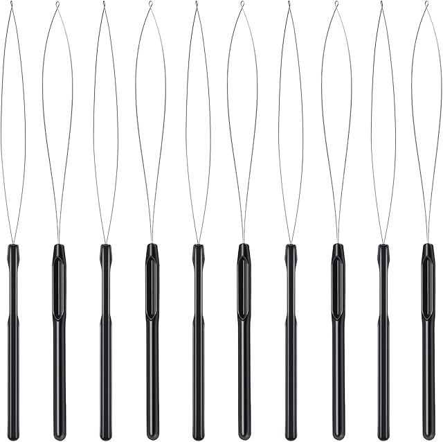 10 Pieces Hair Extension Loop Needle Threader Pulling Hook Tool and Bead Device Tool Black Loop Threader for Hair or Feather Extensions (Black)
