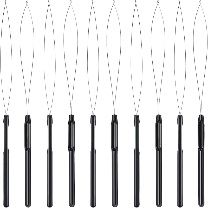 Zonon 10 Pcs Loop Needle Threader Tool for Hair Extension Bead,Black | Pulling Hook for Bead Extension Install, Feather Accessories Threading, Micro Ring Compatible, Salon and DIY, Metal Wire