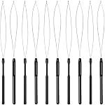10 Pieces Hair Extension Loop Needle Threader Pulling Hook Tool and Bead Device Tool Black Loop Threader for Hair or Feather Extensions (Black)