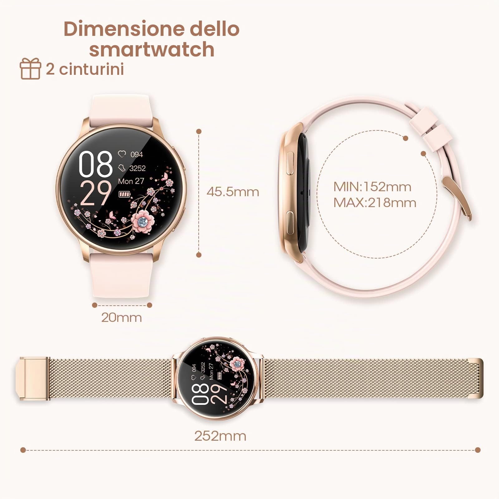 RUXINGX Smartwatch Donna Chiamate e Risposta Bluetooth, 1.32'' HD Fisiologia Femminile SpO2 Cardiofrequenzimetro Sonno Contapassi, 19 Modalità Sport Notifiche Messaggi Android iOS Oro Rosa