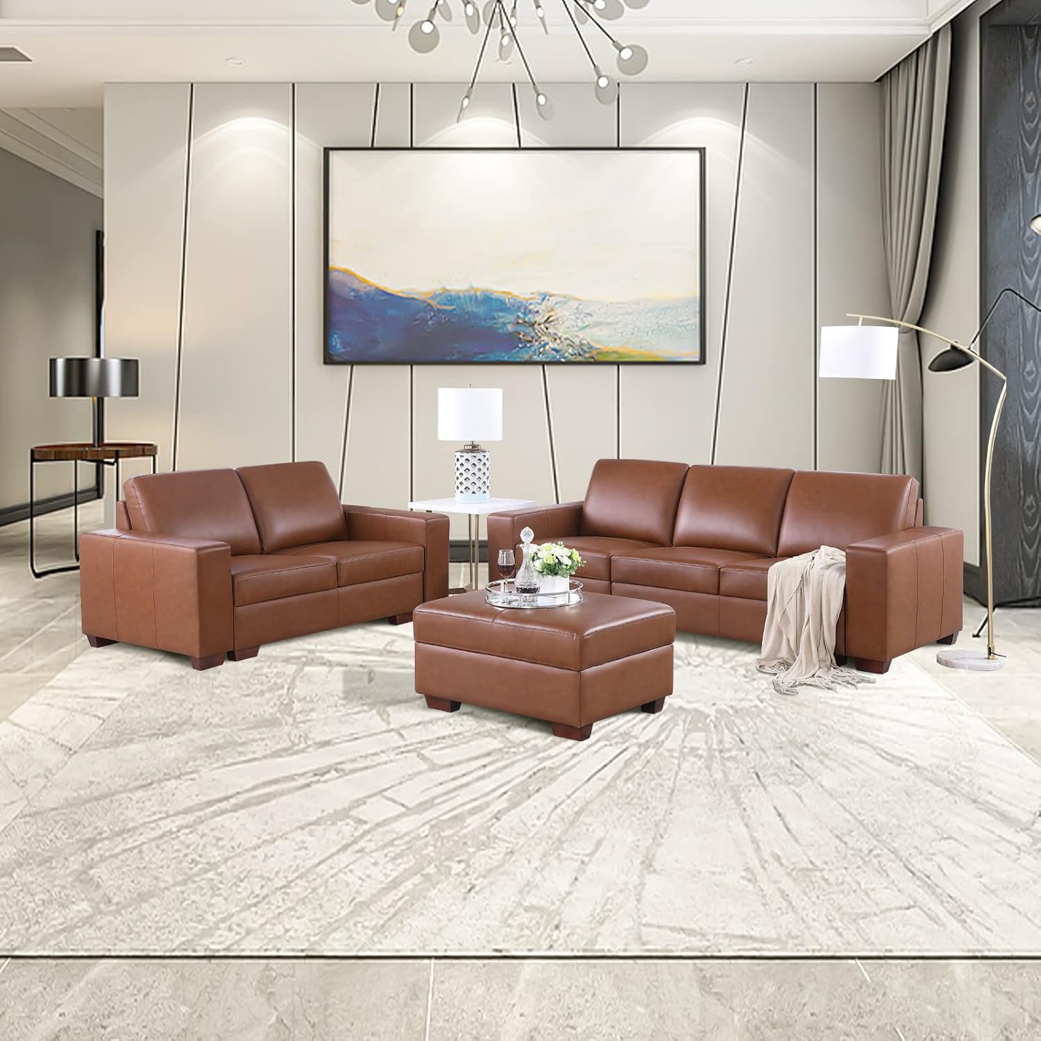 Top Grain Leather Sofa，Leather Sofa and Loveseat Set with Ottoman for Living Room Furniture Set，Italian Leather Couch for House/Office/Hotel(Brown，Sofa Loveseat 2 Pieces)