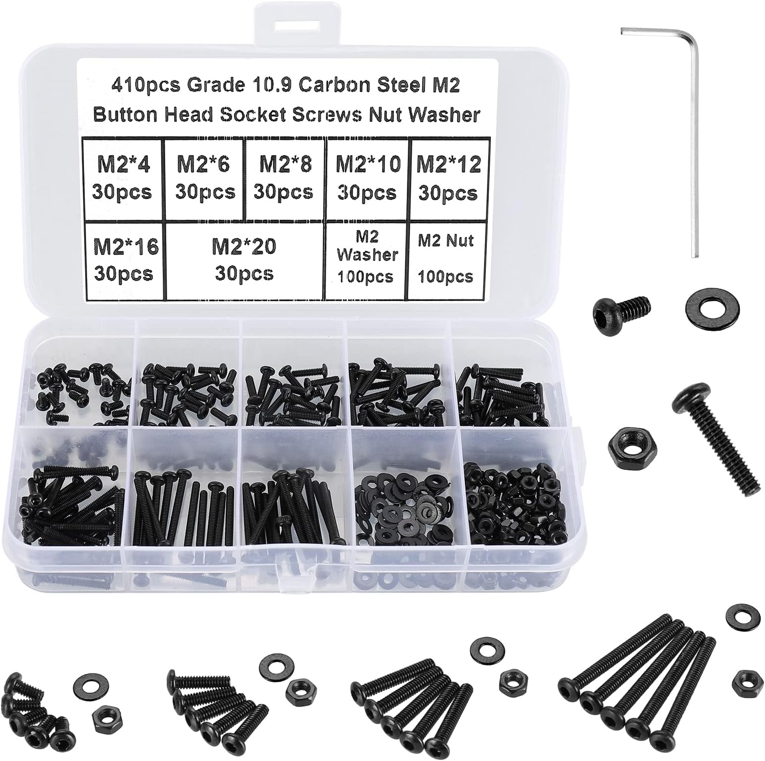 410Pcs Tiny Button Head Hex Socket Cap Screws, Black Grade 10.9 Alloy Steel, M2 x 4/6/8/10/12/16/20mm Allen Head Machine Screws, Nuts and Washers Kit with Hex Key, Fully Threaded Pitch: 0.4mm