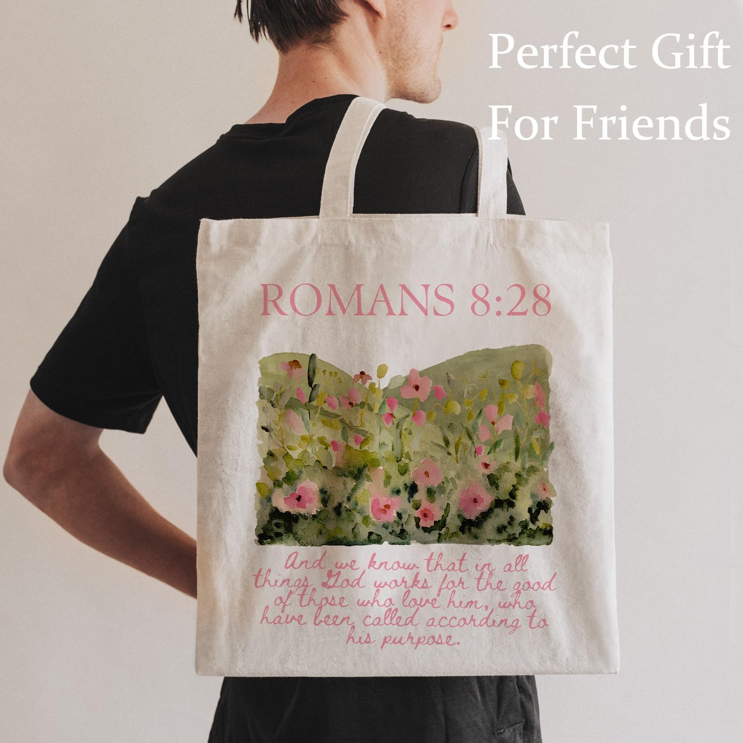 Pink Floral Christian Tote Bag, Romans 8:28 Bible Verse Canvas Tote Bags, Christian Gifts for Women, Inspirational Religious Scripture Reusable Grocery Shopping Bags - Image 4
