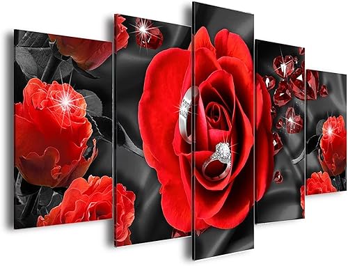 AWLXPHY Decor Lienzo decorativo para pared, 5 paneles enmarcados con rosas rojas y negras, para decoración de sala de estar, diseño moderno de rosas