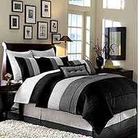 Chezmoi Collection Loft 8-Piece Queen Comforter Set - Luxurious Pleated Striped Bedding Black/Gray/White
