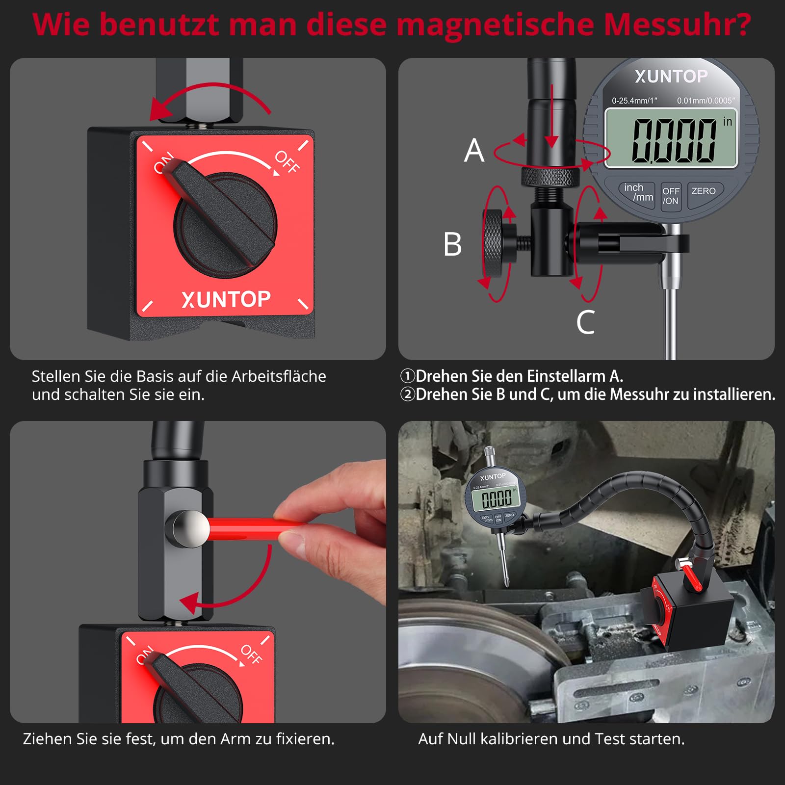 XUNTOP Digital Messuhr Präzisions Messuhr Flexibler Arm mit Magnetfuß Hochpräzisionsmessuhr 176lbs 0-1 Inch/25.4 mm für Industrieanwendungen
