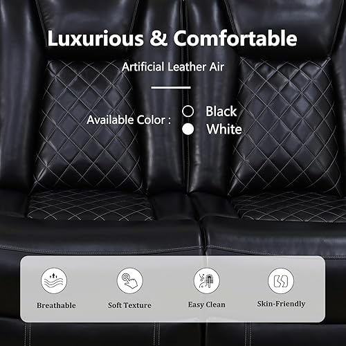 Miniatura 3 de Sofá seccional reclinable eléctrico, sofá de cuero negro con reclinables, sofá de cuero de aire con luces LED, puerto USB, portavasos para sala de