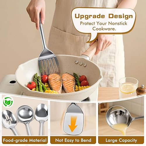 Miniatura 4 de Juego de 10 utensilios de cocina de acero inoxidable, herramientas de cocina de metal resistentes al calor, incluye espátula sólida y ranurada,