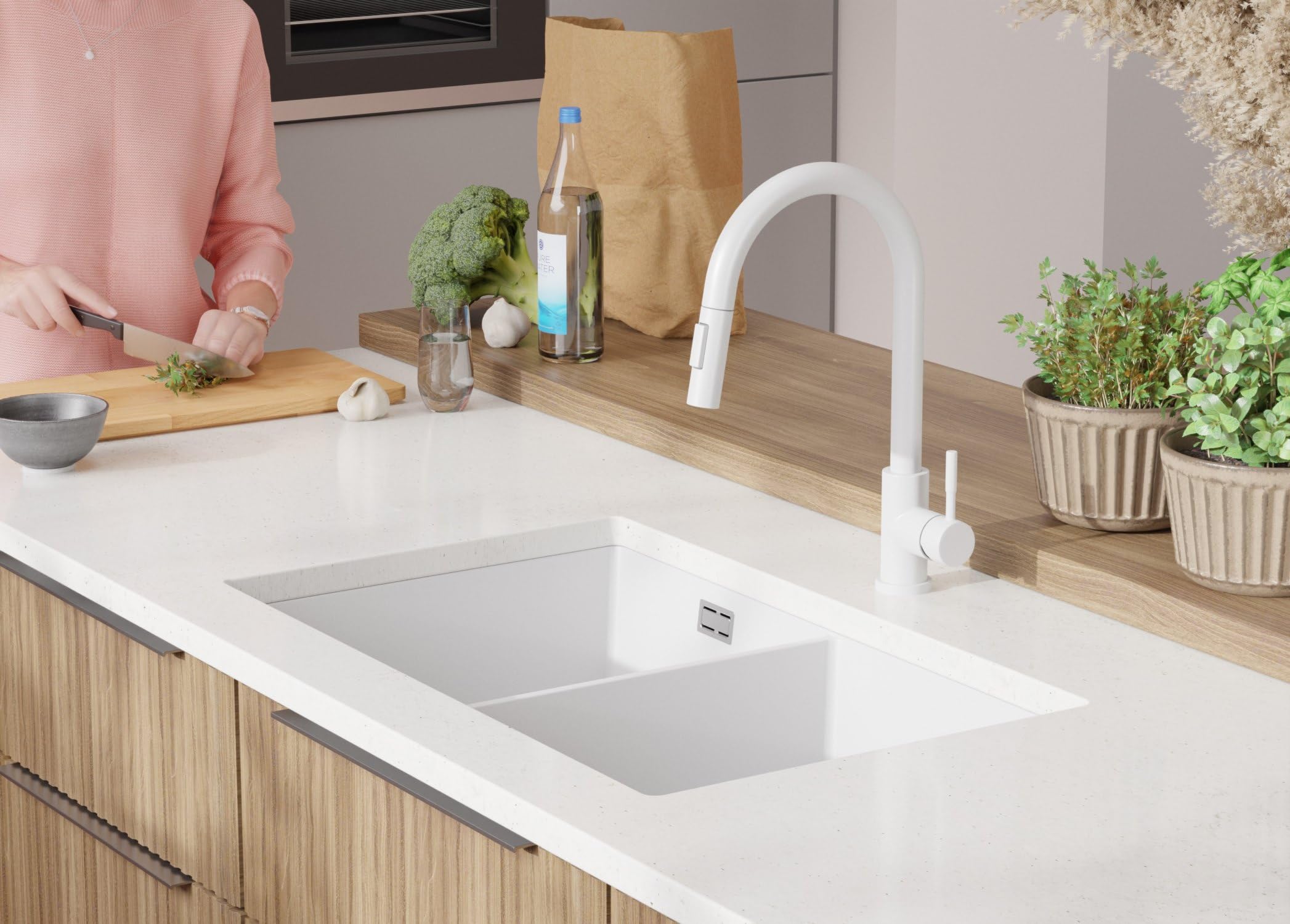 PRIMAGRAN Fregadero bajo Encimera Todo Blanco 76x47cm, Granito 2 Senos + Grifo 40x20cm + Sifón, Cocina al Mueble 80cm - London Twin S022