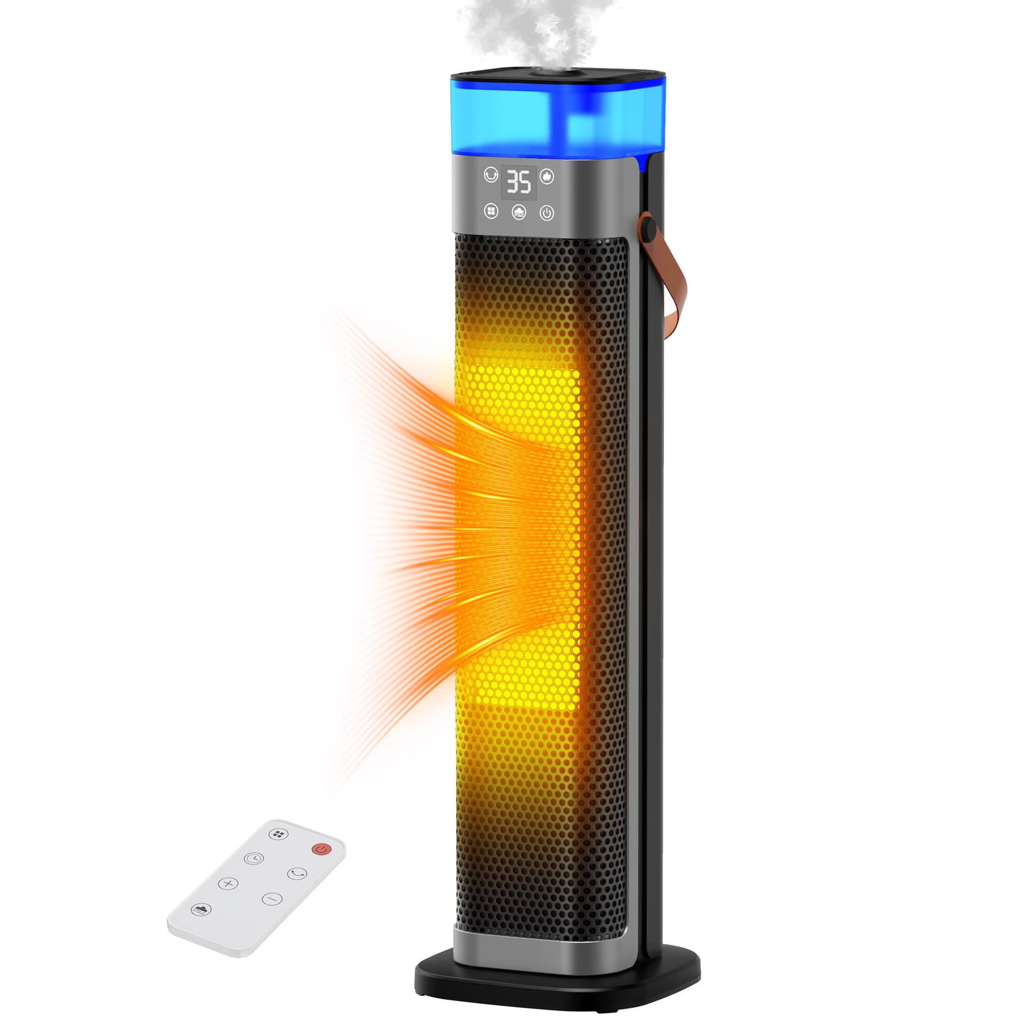 Chauffage électrique à faible consommation 2000 W PTC avec humidification, télécommande, 75 ° oscillation, 3 éclairage ambiant, ECO, minuterie 12H, protection contre la surchauffe et le basculement
