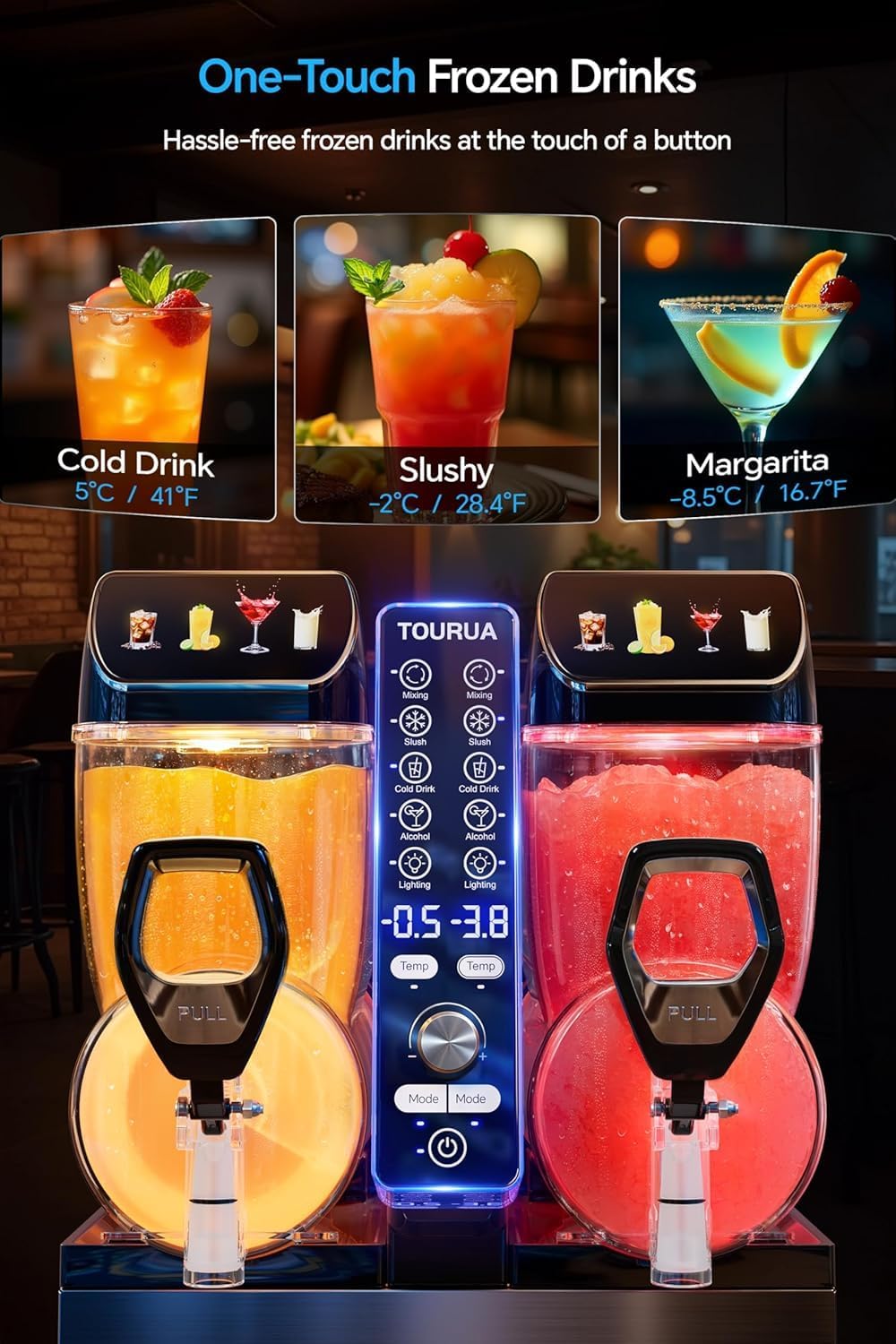 Close-up of the TOURUA slush machine control panel with various buttons and a digital display, flanked by two tanks with different colored frozen drinks.