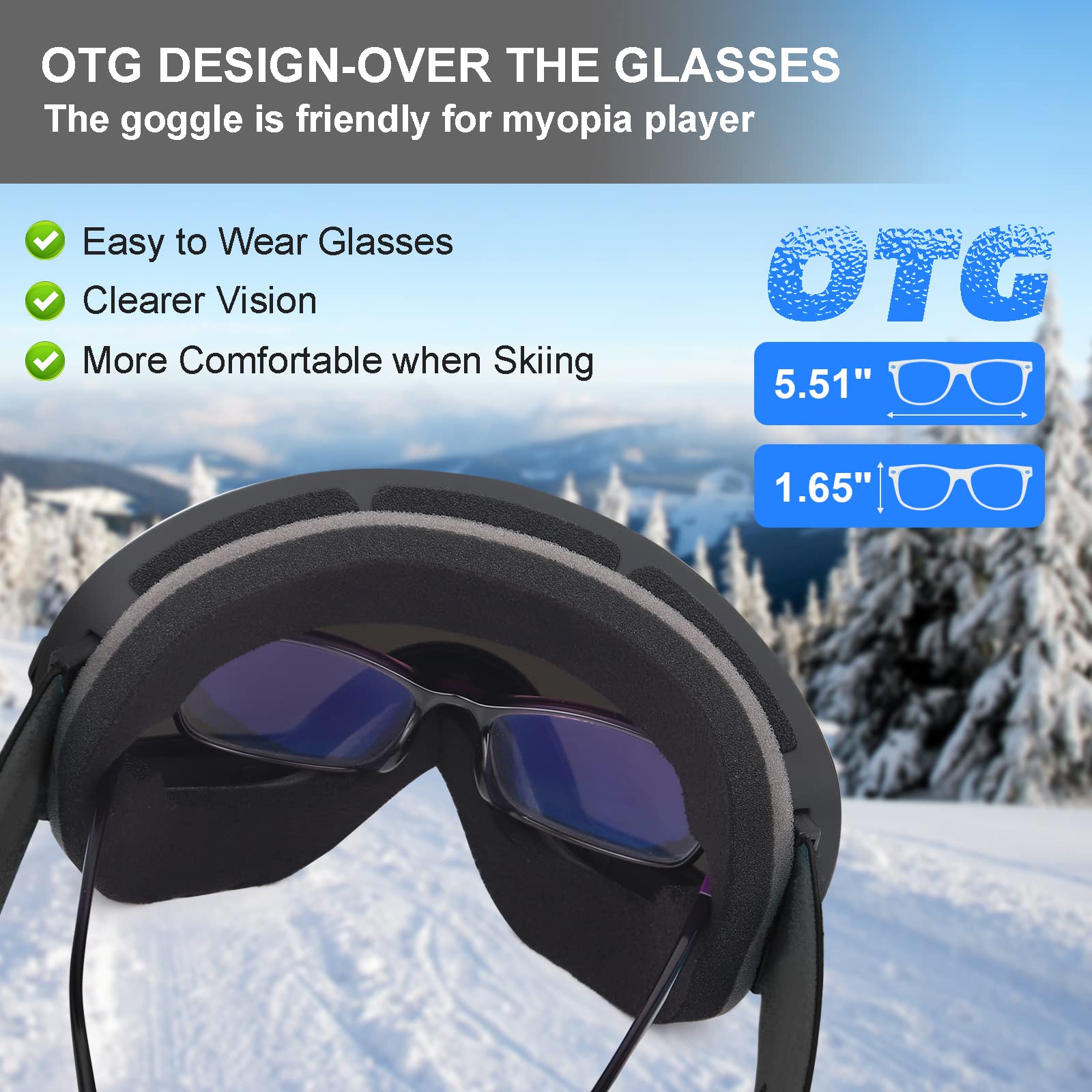 EXP VISION Lunettes de ski et de planche à neige pour hommes, femmes, jeunes, anti-buée, OTG - Verres sphériques amovibles