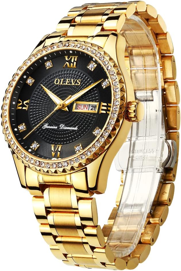 Men's Business Watch Gold Blue with Large Easy-Read Analog Quartz Date Display Luxury Stainless Steel Band Waterproof Luminous Hands