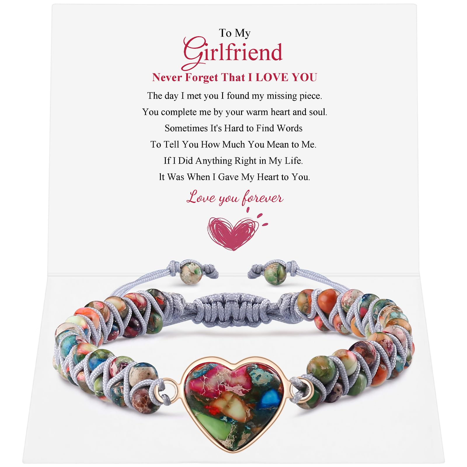 Jasper Heart Bracelet Adjustable Imperial Stone Beaded Braided Handmade Bracelet for Women Birthday Anniversary Mothers Day Christmas Graduation