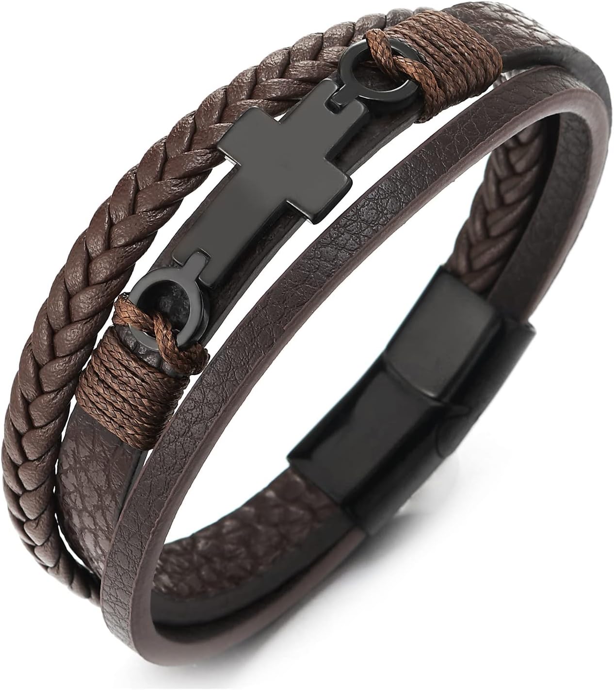 COOLSTEELANDBEYOND Mens Women Steel Horizontal Sideway Lateral Flat Cross Multi-Strand Leather Bangle Bracelet