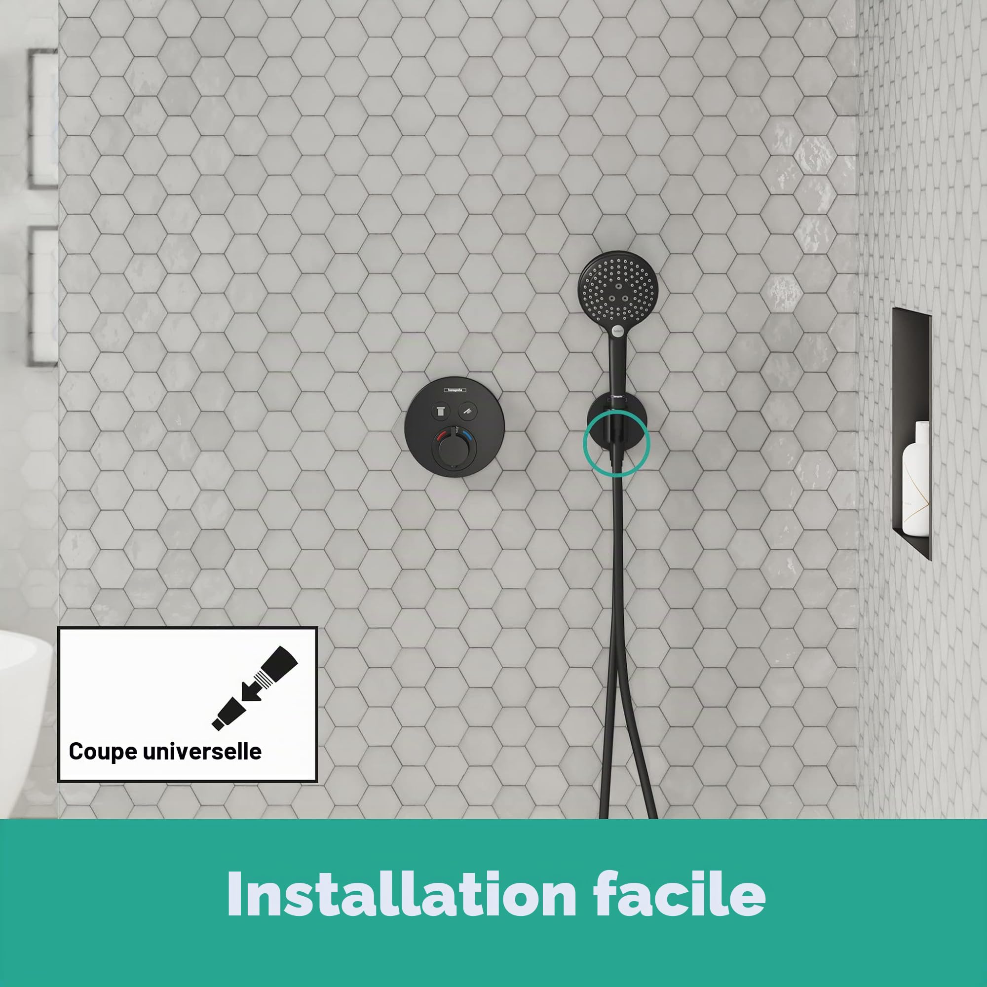 Hansgrohe Coude de Raccordement avec Support Pommeau de Douche Fixfit S, Raccord Douche avec Support Douchette Mural, avec Clapet Anti-Retour, Noir Mat, 26888670