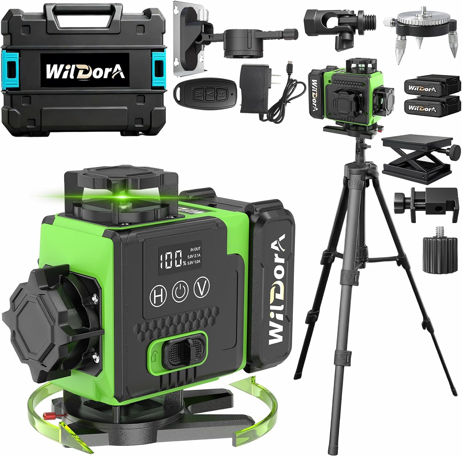 Laser Level 360 Self Leveling with Tripod, Remote Control 4D Green 16 Line Laser Leveler Tool with 2x4800mAh Li-ion Batteries & Hard Carry Case, Laser Level for Woodworking & Construction