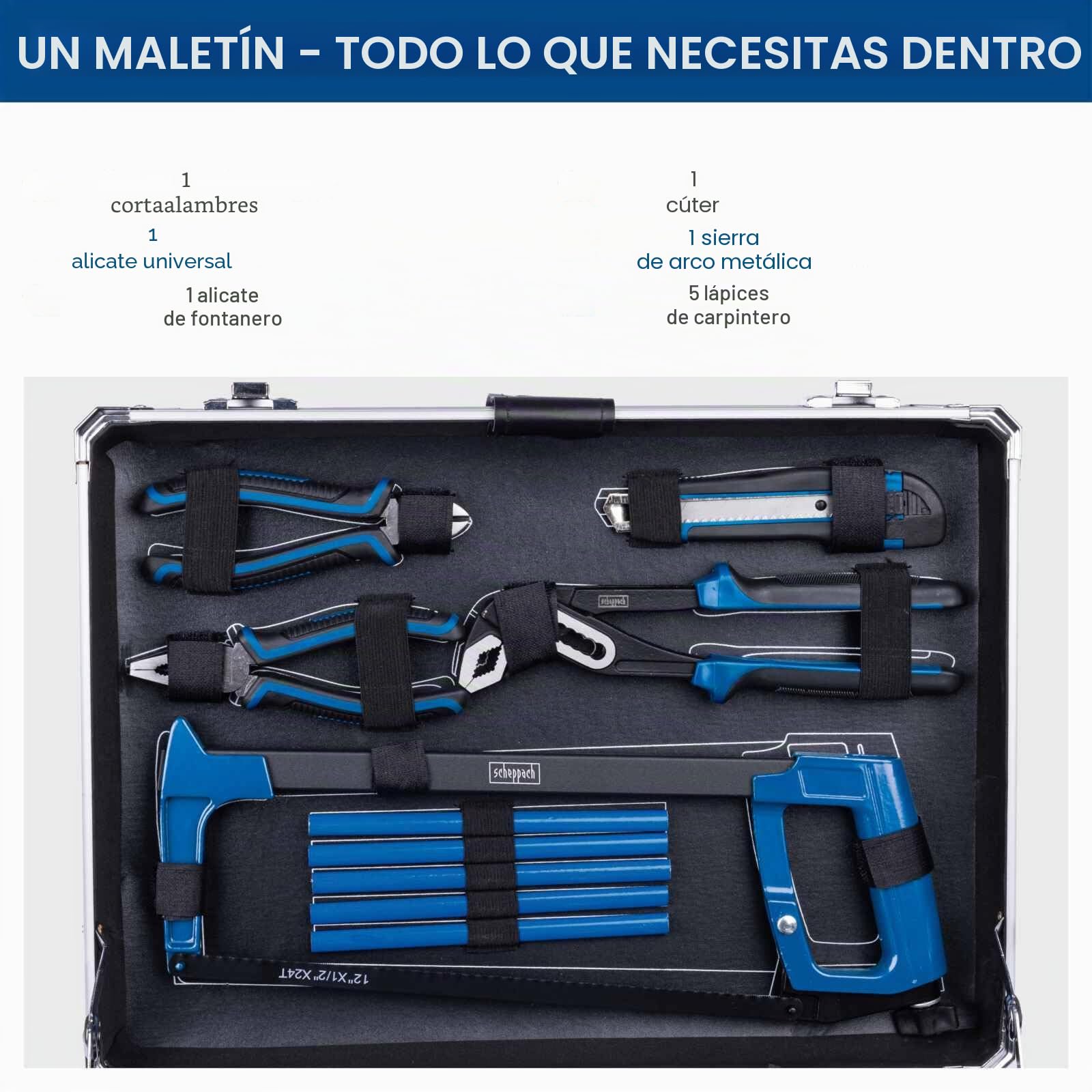 Scheppach TB200 - Maletín de herramientas de aluminio (141 piezas) | Maletín de taller con llave inglesa, martillo, alicates, destornillador, caja de herramientas para taller y hogar